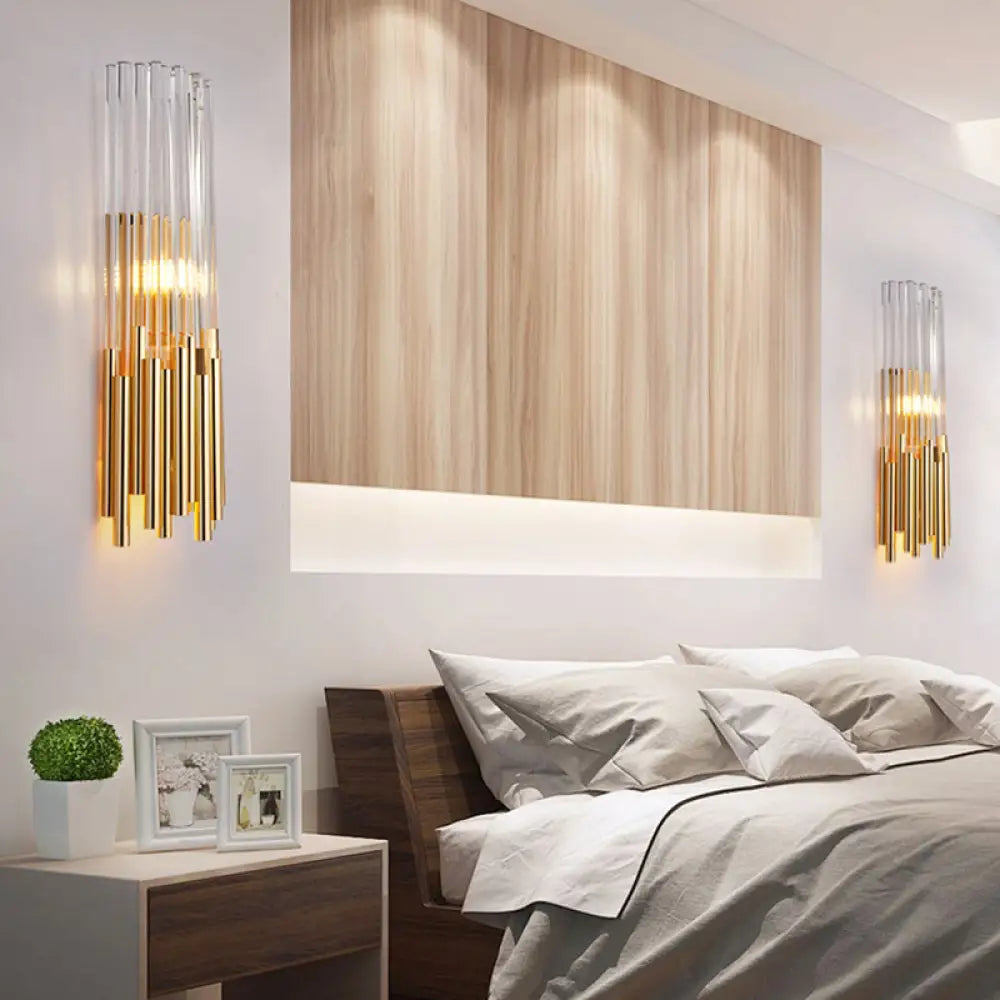 DecorBites™ Modernist Metal LED Wall Sconce Light with Crystal Prism: Cylinder Wall Fixture in Brass/Gold