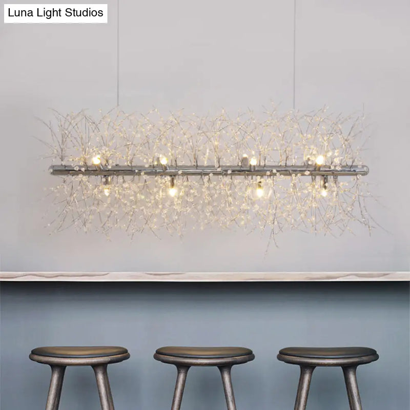 DecorBites™ Modernist Metallic Branch Island Pendant Light | Silver Hanging Lamp with Crystal Bead Deco | 27.5"/35.5" Width