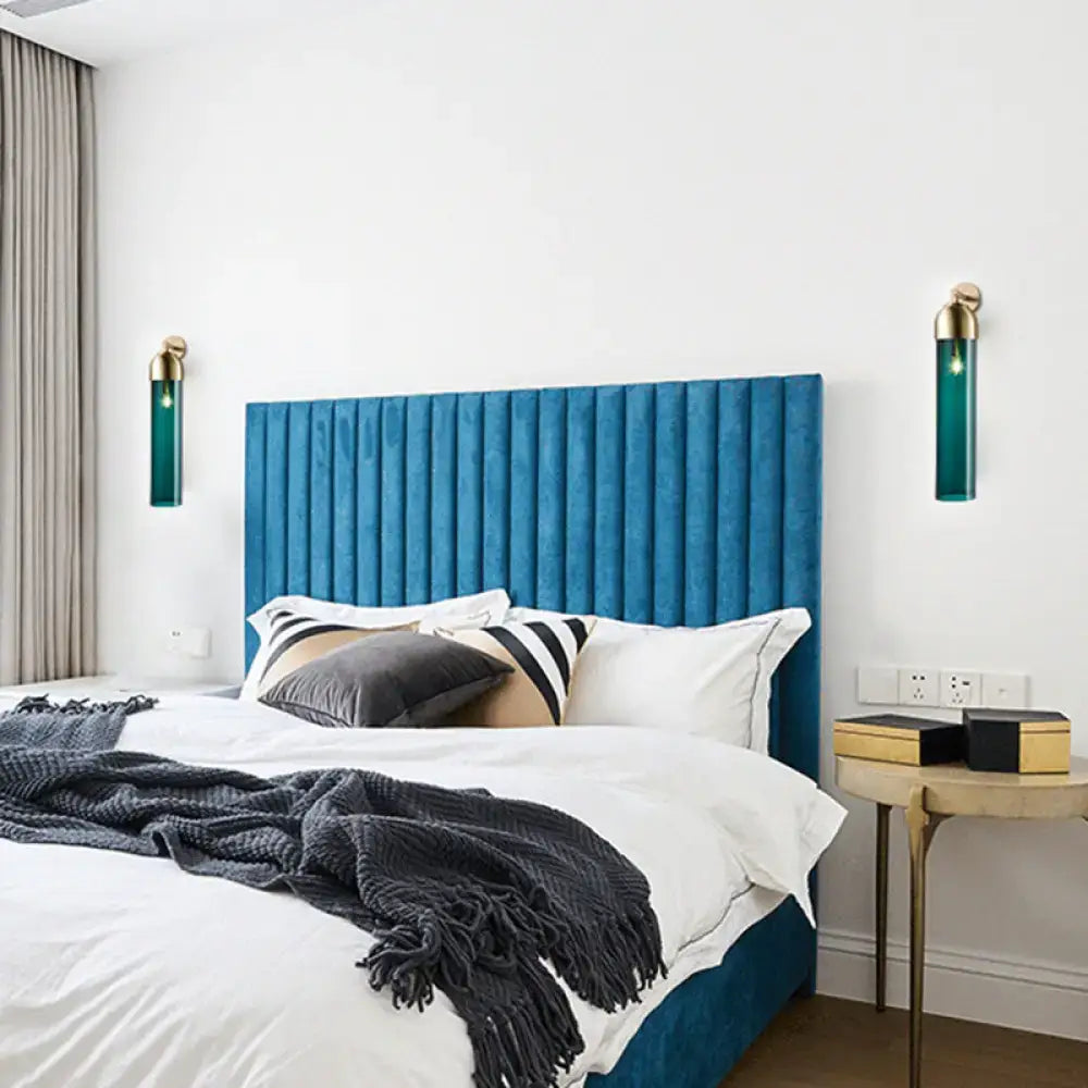 Modernist metallic tube sconce light for bedroom with curved arm