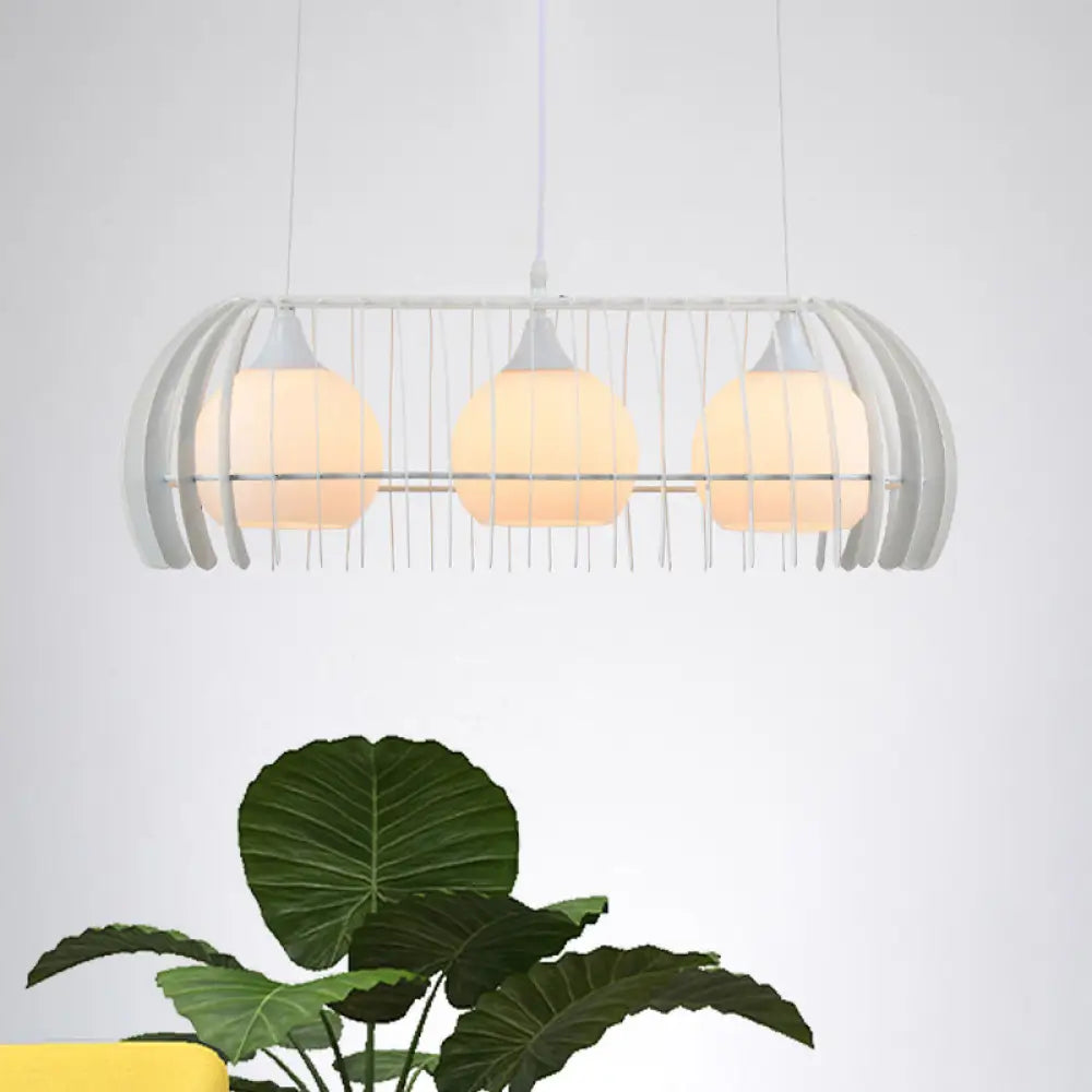 DecorBites™ Modernist Pendant Lamp- White Glass 3-Head Dining Room Island Light Fixture with Cage