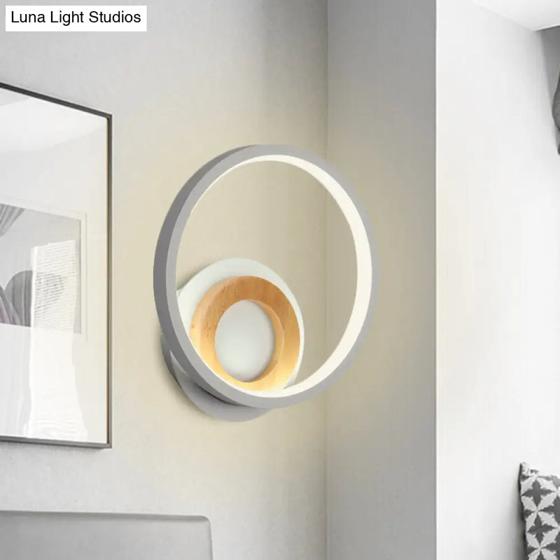 DecorBites™ Modernist Ring Wall Sconce: Acrylic LED Bedside Light in White with Wood Detail