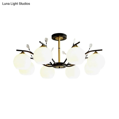 DecorBites™ Modernist Semi Flush Mount Ceiling Light - Cream/Clear Glass - Black and Gold - Crystal Accent - 8-Bulb