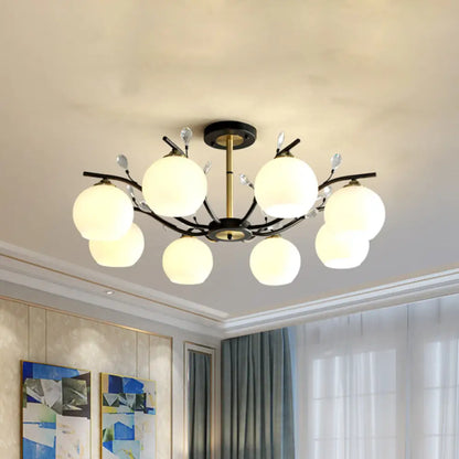 DecorBites™ Modernist Semi Flush Mount Ceiling Light - Cream/Clear Glass - Black and Gold - Crystal Accent - 8-Bulb