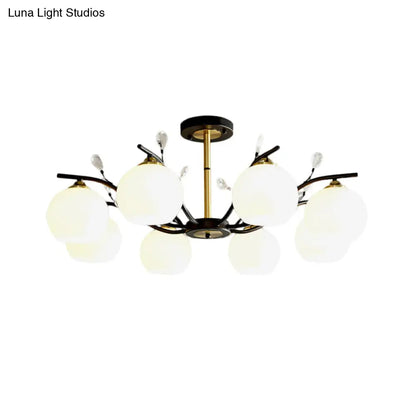 DecorBites™ Modernist Semi Flush Mount Ceiling Light - Cream/Clear Glass - Black and Gold - Crystal Accent - 8-Bulb
