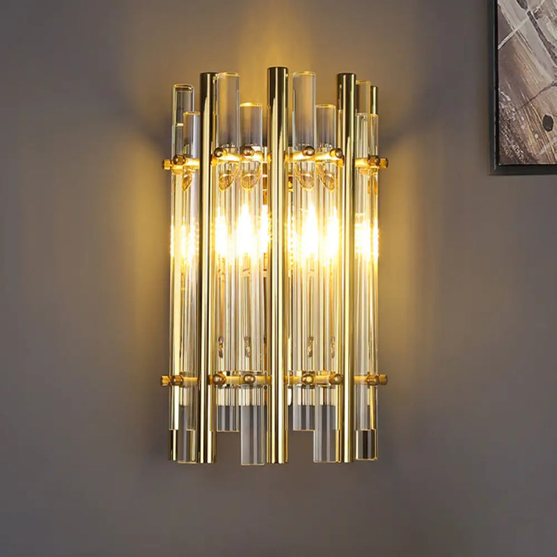 DecorBites™ Modernist Style Tubular Wall Sconce with Clear Crystal, Metal Frame, and 1 Light – Ideal for Bedroom Lighting