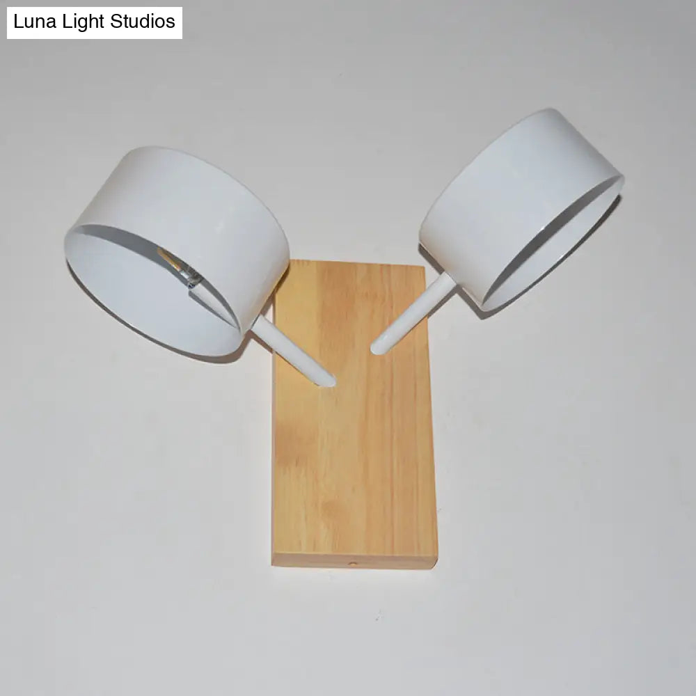 DecorBites™ Modernist White Dual Drum Wall Light Fixture with 2 Iron Sconce Heads and Wood Backplate