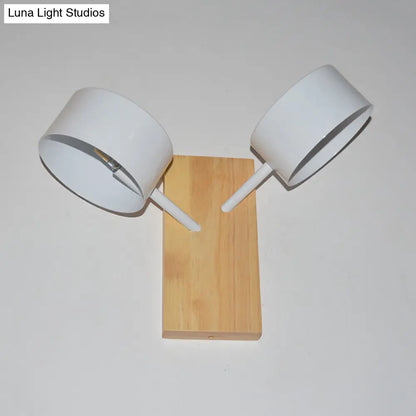 DecorBites™ Modernist White Dual Drum Wall Light Fixture with 2 Iron Sconce Heads and Wood Backplate