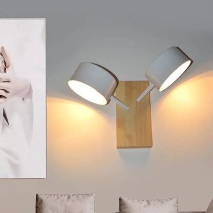 DecorBites™ Modernist White Dual Drum Wall Light Fixture with 2 Iron Sconce Heads and Wood Backplate