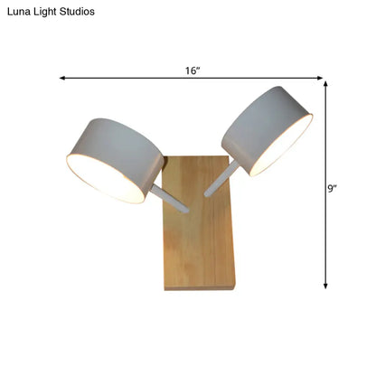 DecorBites™ Modernist White Dual Drum Wall Light Fixture with 2 Iron Sconce Heads and Wood Backplate