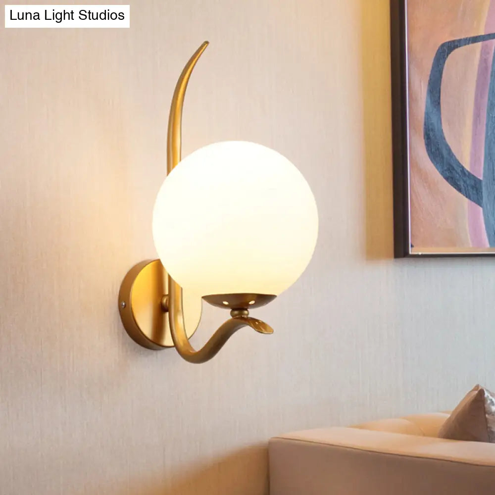 DecorBites™ Modernist White Glass Wall Mount Sconce Light - Global Design, 1-Bulb Gold Lighting for Bedroom (6"/8" Wide)
