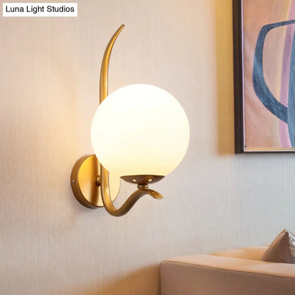 DecorBites™ Modernist White Glass Wall Mount Sconce Light - Global Design, 1-Bulb Gold Lighting for Bedroom (6"/8" Wide)