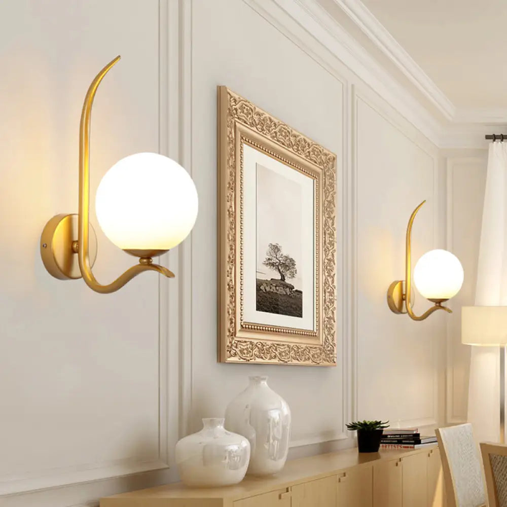 DecorBites™ Modernist White Glass Wall Mount Sconce Light - Global Design, 1-Bulb Gold Lighting for Bedroom (6"/8" Wide)