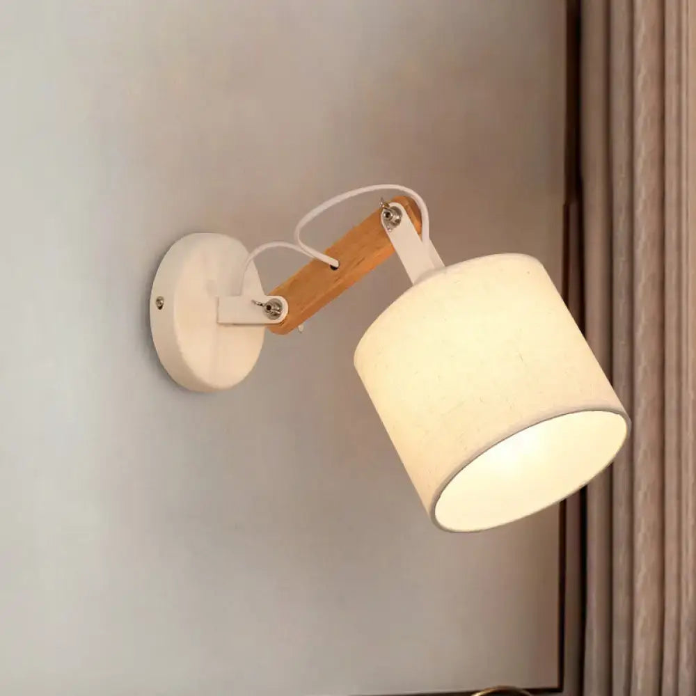 Modernist wood and fabric wall lamp – bedroom adjustable wood arm