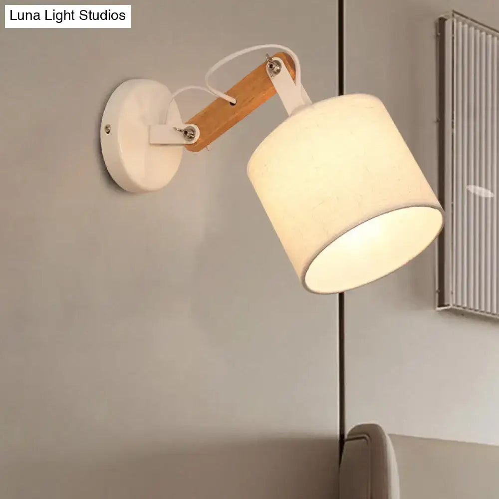 Modernist wood and fabric wall lamp – bedroom adjustable wood arm
