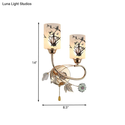 DecorBites™ Modernistic 2-Bulb Gold Cylinder Wall Lamp with Pull Chain and Painted Glass Shade – Brilliant Wall Lighting Idea