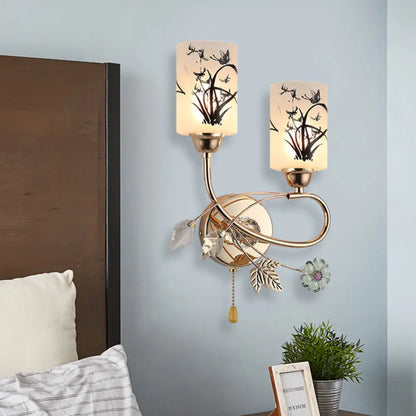 DecorBites™ Modernistic 2-Bulb Gold Cylinder Wall Lamp with Pull Chain and Painted Glass Shade – Brilliant Wall Lighting Idea