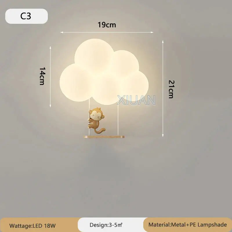 Monkey cloud cartoon wall lamp for nursery bedroom