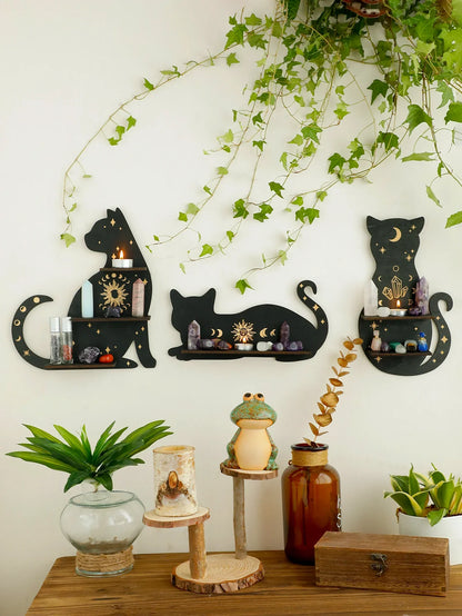 DecorBites™ Moon Phase Black Cat Wooden Shelf