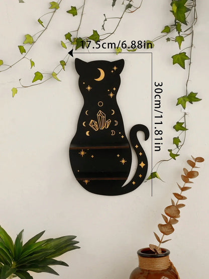 DecorBites™ Moon Phase Black Cat Wooden Shelf