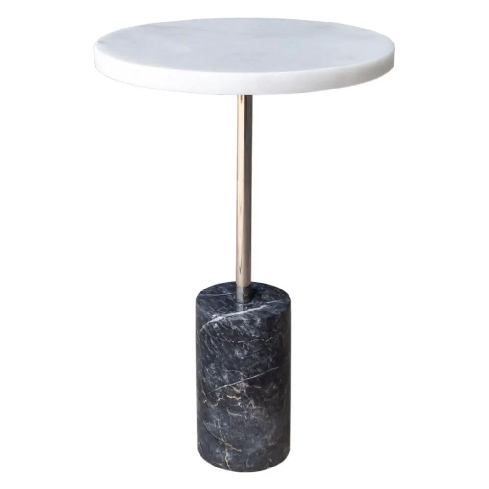 Mugla White Marble Round Side Table - Polished Black Marble Base