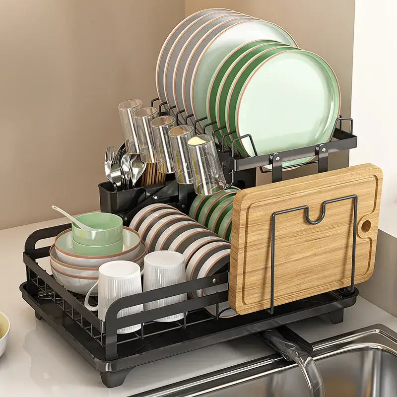 Multi tier black metal bowl rack and utensil holder kitchen storage