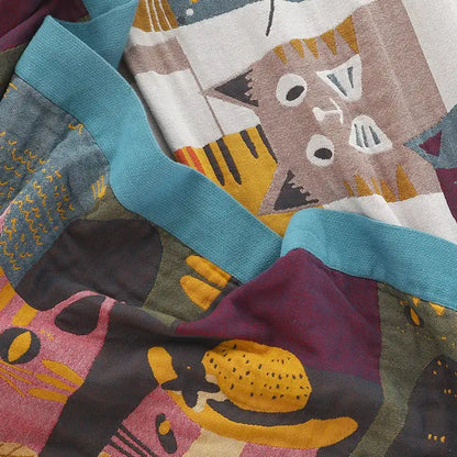 Multicolor boho printed cotton blanket bedroom cat pattern bed throw