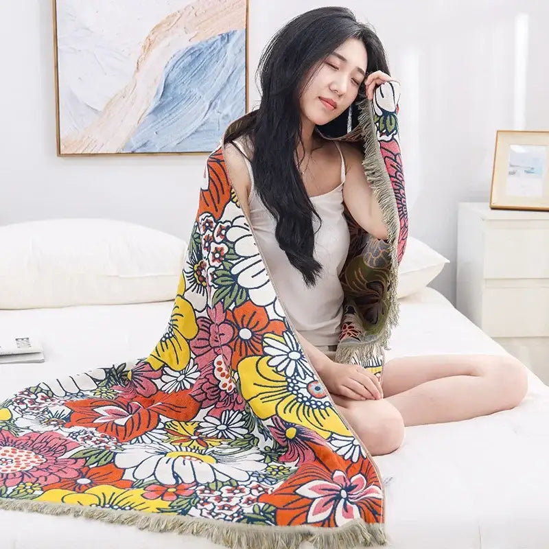 Multicolor gauze flower bath towel – bedroom floral throw blanket