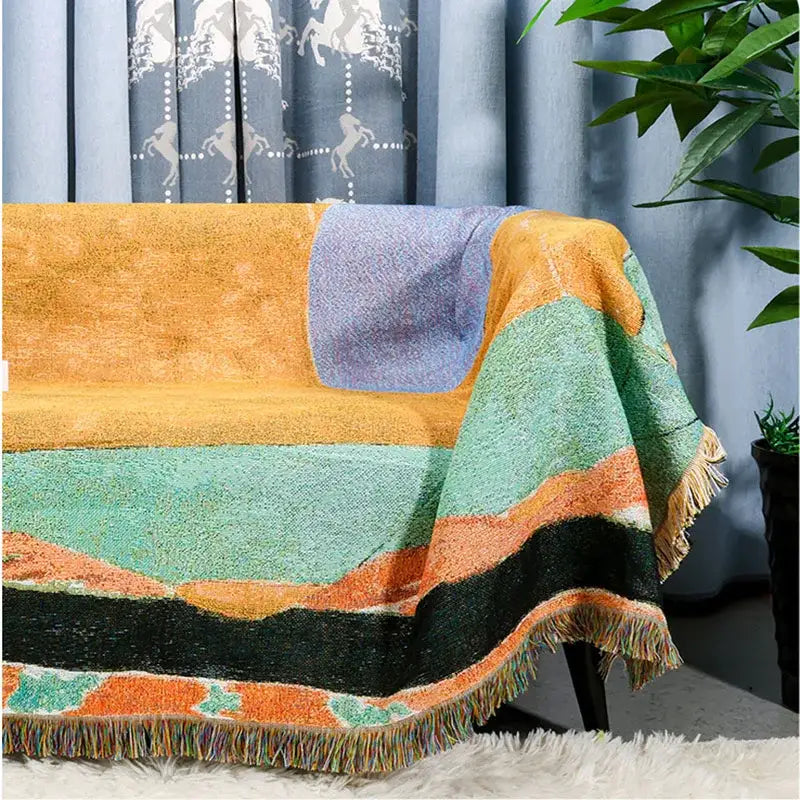 Multicolor patchwork striped jacquard tapestry blanket living room throw