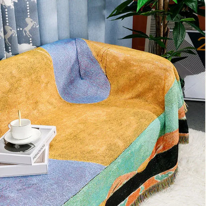 Multicolor patchwork striped jacquard tapestry blanket living room throw