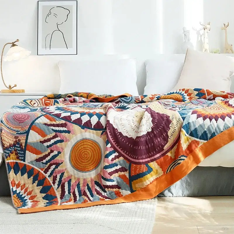 Multicolored cotton gauze boho throw blanket for bedroom or living room