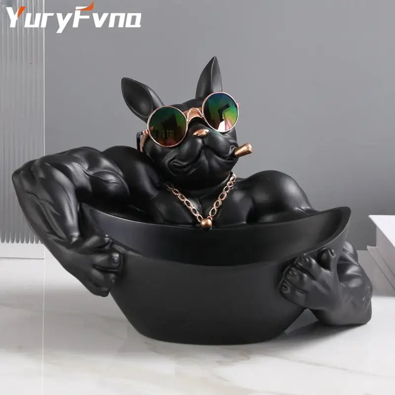 Muscular black french bulldog cool dog resin statue living room decor
