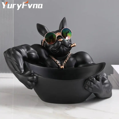 Muscular black french bulldog cool dog resin statue living room decor