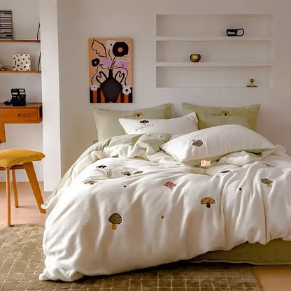 Mushroom embroidered cashmere winter duvet set bedroom bedding