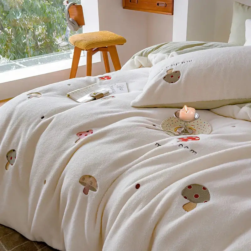 Mushroom embroidered cashmere winter duvet set bedroom bedding