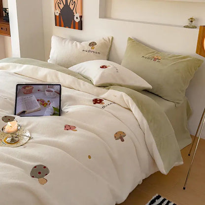 Mushroom embroidered cashmere winter duvet set bedroom bedding