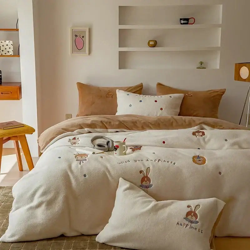 Mushroom embroidered cashmere winter duvet set bedroom bedding