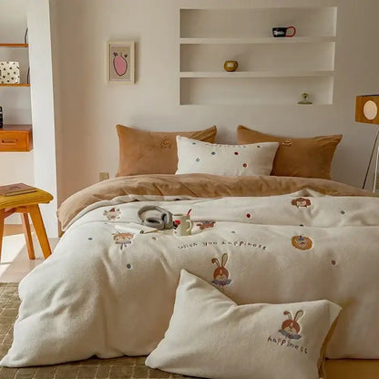 Mushroom embroidered cashmere winter duvet set bedroom bedding
