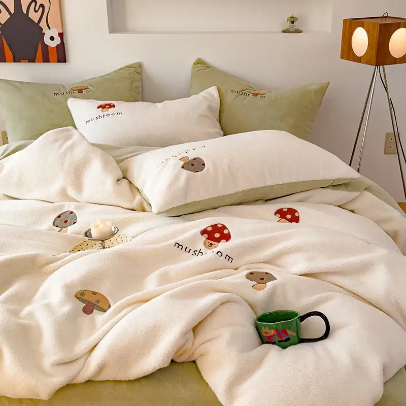 Mushroom embroidered cashmere winter duvet set bedroom bedding