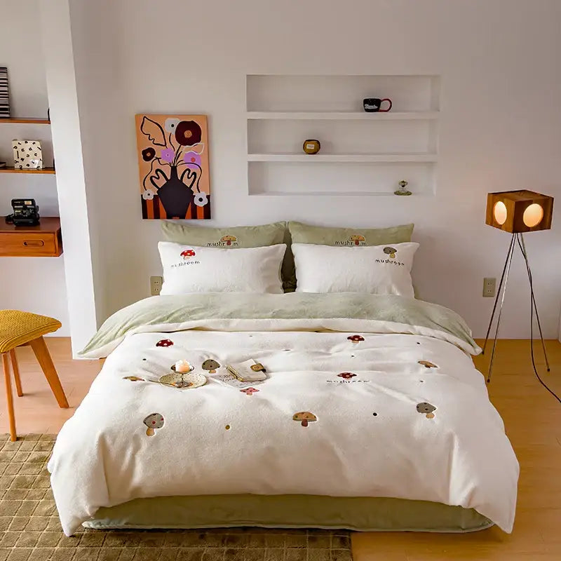 Mushroom embroidered cashmere winter duvet set bedroom bedding