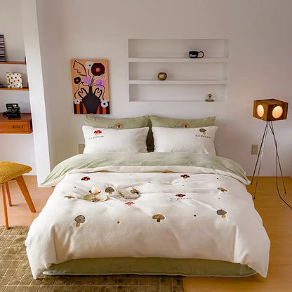 Mushroom embroidered cashmere winter duvet set bedroom bedding