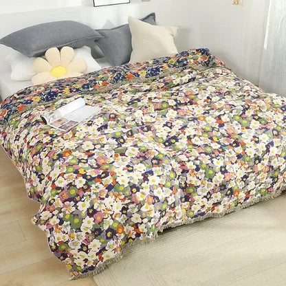 Mustard & teal cotton throw blanket bedroom gauze flowers decor