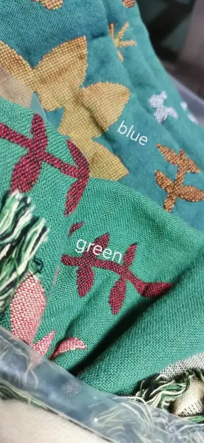 Mustard & teal cotton throw blanket bedroom gauze flowers decor
