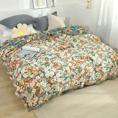 Mustard & teal cotton throw blanket bedroom gauze flowers decor