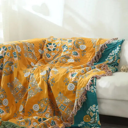 Mustard & teal cotton throw blanket bedroom gauze flowers decor