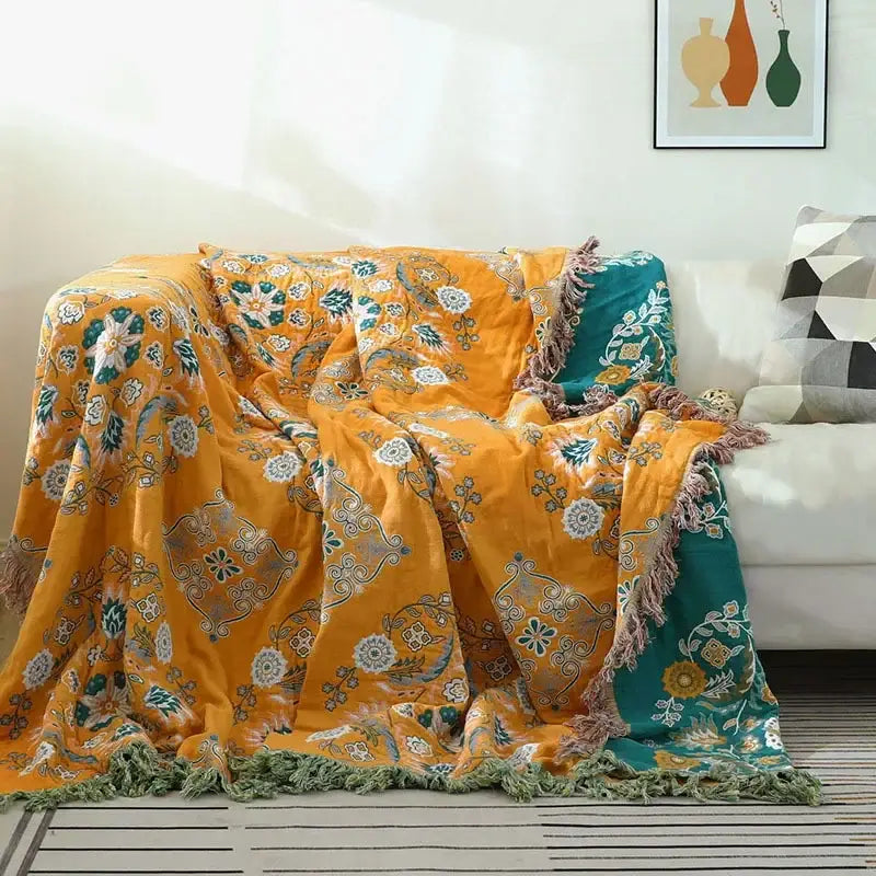 Mustard & teal cotton throw blanket bedroom gauze flowers decor