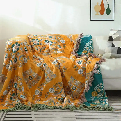Mustard & teal cotton throw blanket bedroom gauze flowers decor