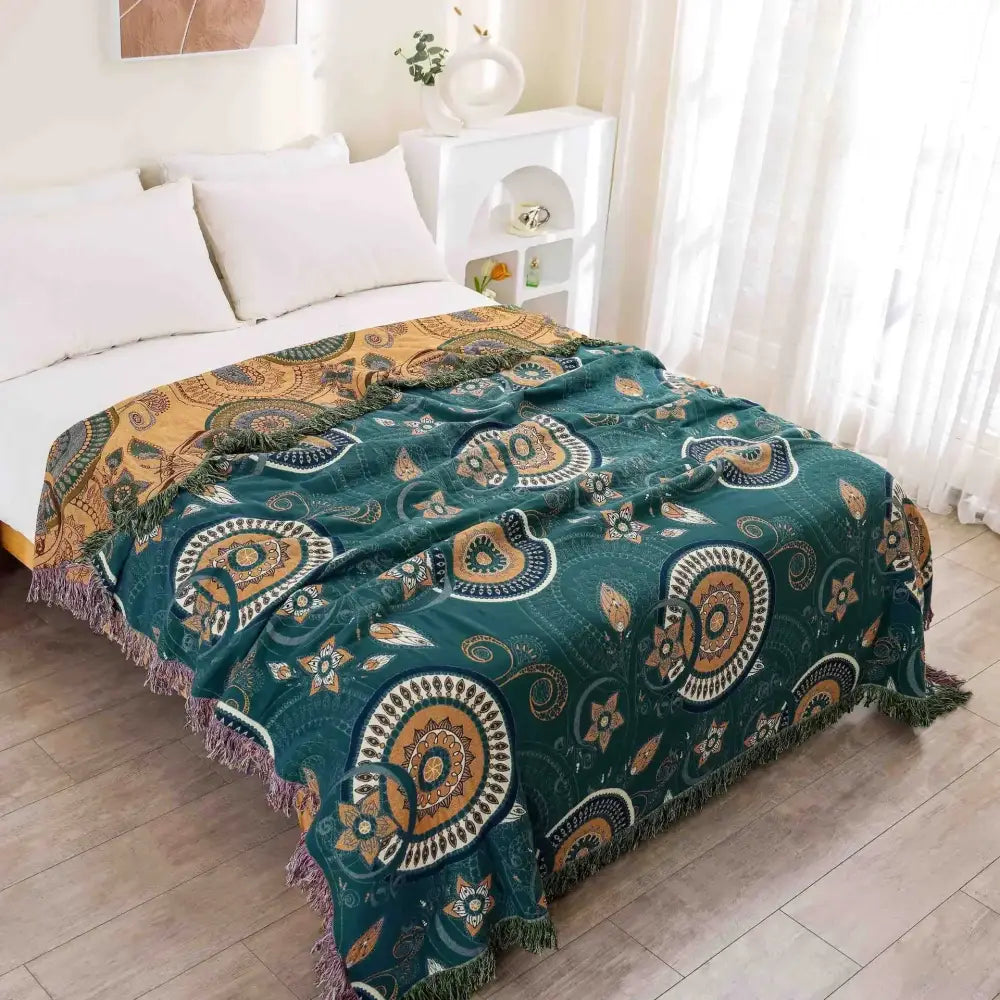 Mustard & teal cotton throw blanket bedroom gauze flowers decor