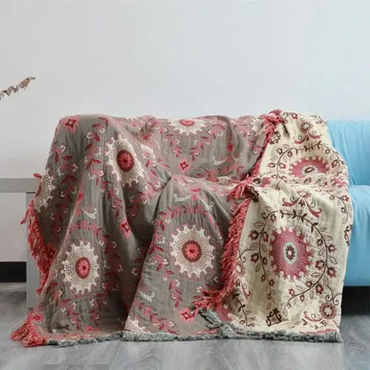 Mustard & teal cotton throw blanket bedroom gauze flowers decor
