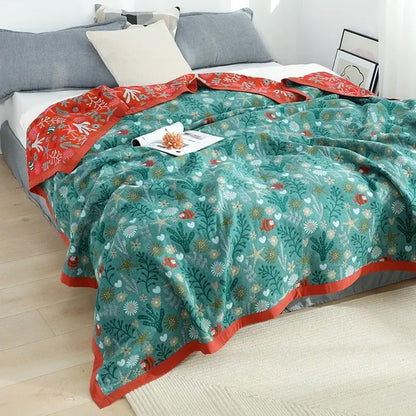 Mustard & teal cotton throw blanket bedroom gauze flowers decor