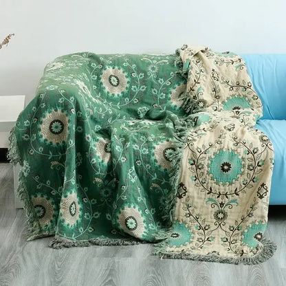 Mustard & teal cotton throw blanket bedroom gauze flowers decor